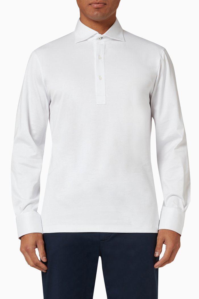 

Long Sleeve Polo Shirt in Cotton Jersey, White