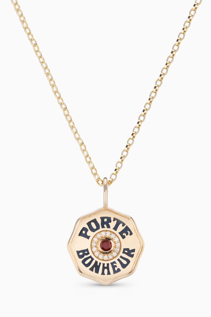 

Mini Halo Porte Bonheur Diamond & Ruby Necklace in 14kt Yellow Gold