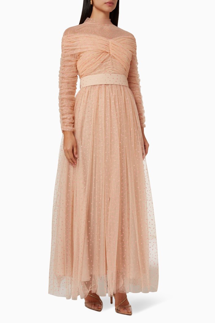 Ruched Dress in Tulle, Gold