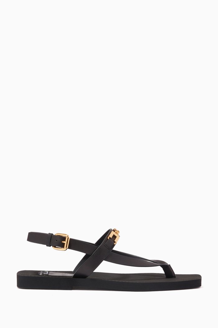 Flat Thong Sandals in Leather, Black