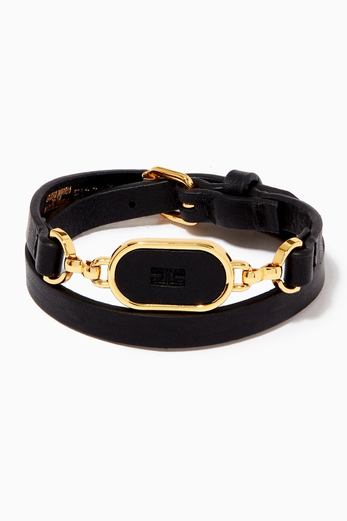 Logo Plaque Bracelet in Leather, Black