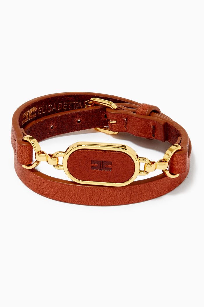 Logo Plaque Bracelet in Leather, Brown