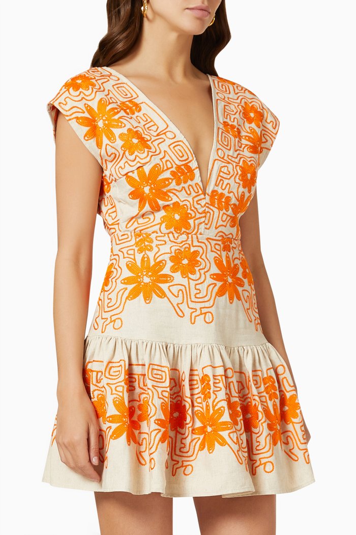 

Rilin Embroidered Mini Dress in Cotton & Linen Blend, Orange