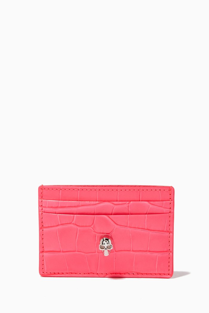 

Skull Card Holder in Croc Embossed Leather, Purple