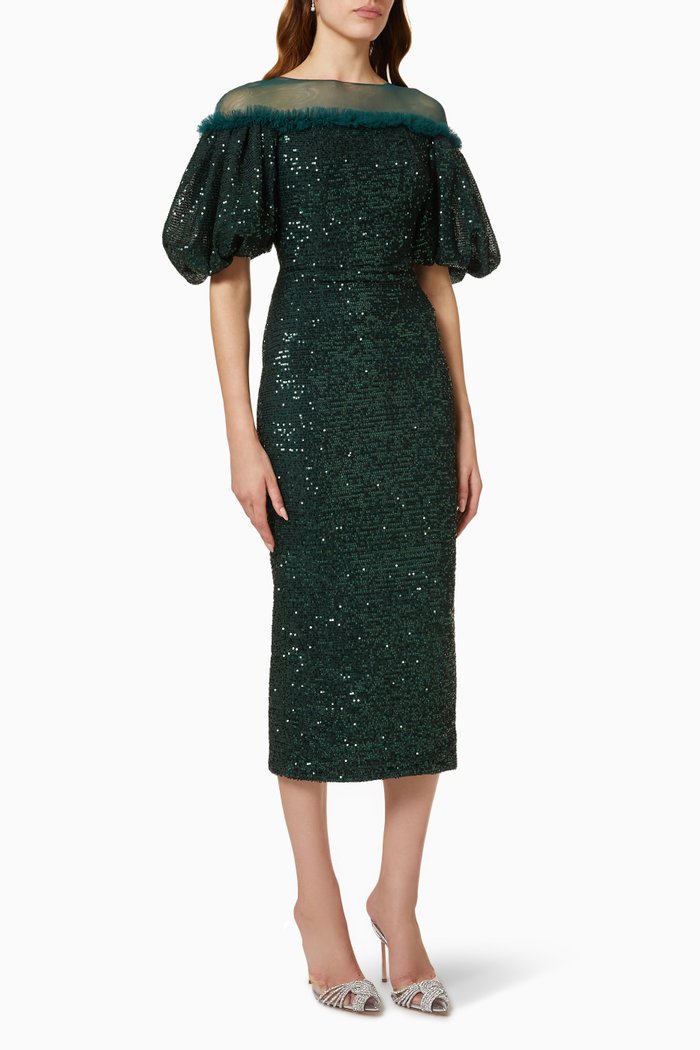 

Puff Sleeve Dress in Sequin, Green