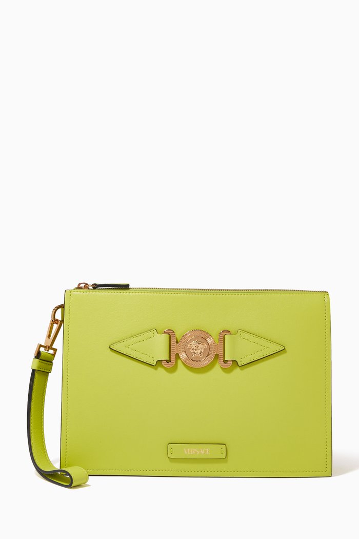 Medusa Biggie Pouch Bag in Premium Leather, Yellow
