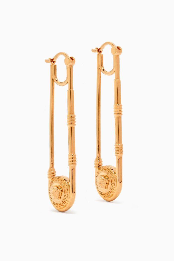Safety Pin Drop Earrings in Brass, Gold