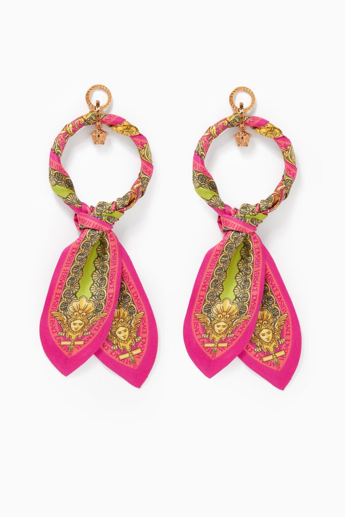 

Barocco Foulard Drop Earrings in Silk & Brass, Pink