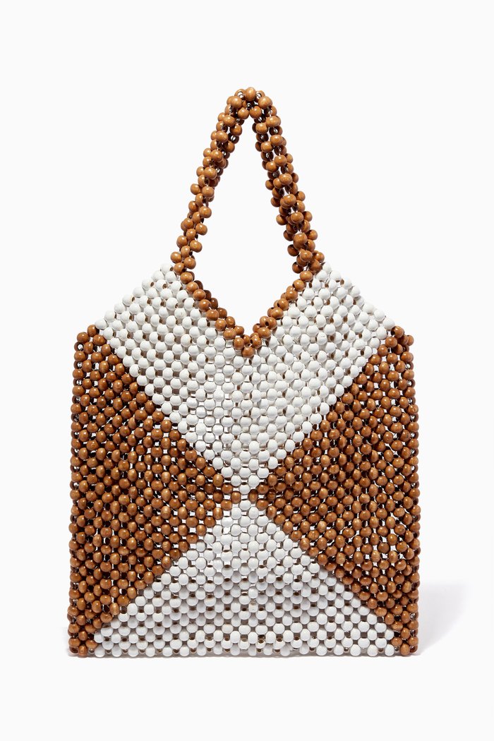 

Bicolour Beaded Tote Bag in Wood, Neutral