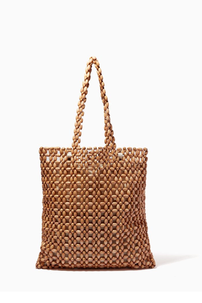 

Beaded Tote Bag in Wood & Linen, Neutral