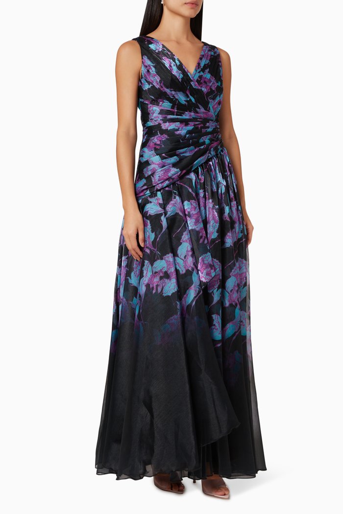 Floral Draped Dress in Organza, Multicolour