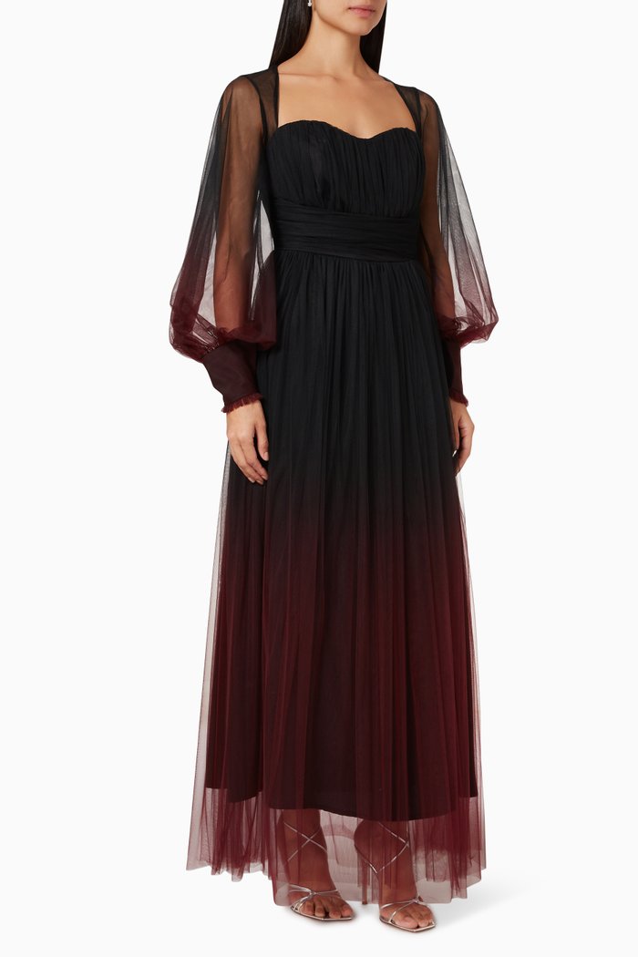 

Ombré Puff Sleeve Dress in Tulle, Black
