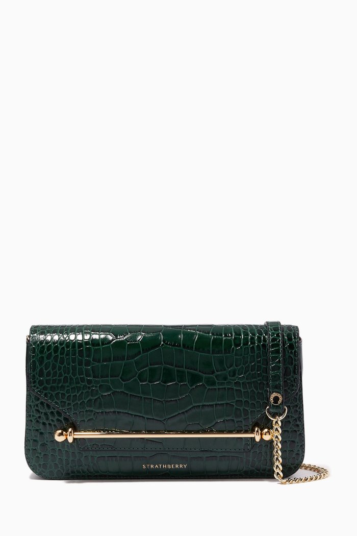 

East West Baguette Clutch Bag in Croc-embossed Leather, Green