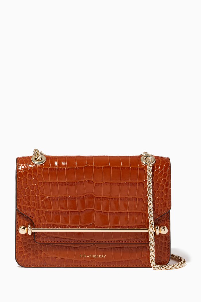 

Mini East West Bag in Croc-embossed Leather, Brown