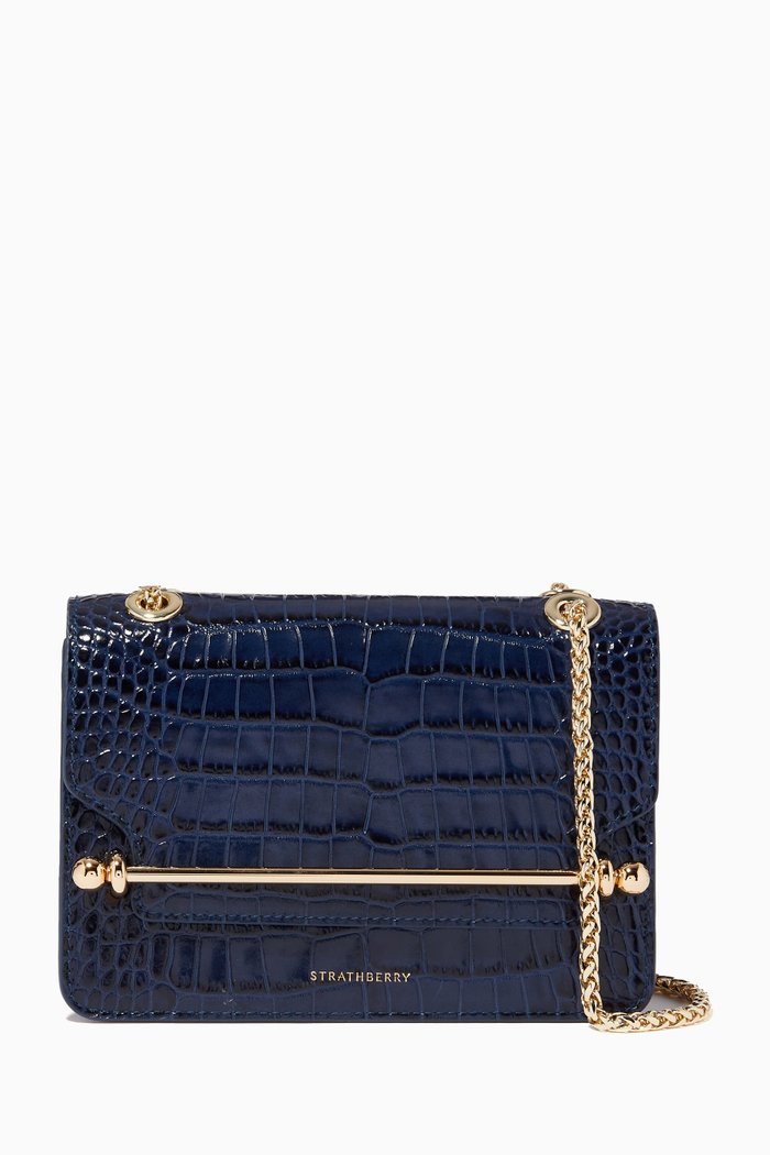 

Mini East West Bag in Croc-embossed Leather, Blue