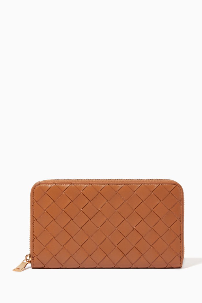 

Zip Wallet in Intrecciato Leather, Brown