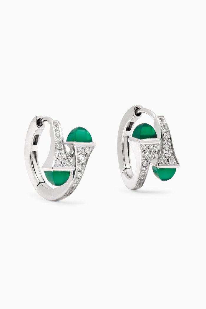 

Cleo Small Diamond & Green Agate Hoop Earrings in 18kt White Gold, Silver