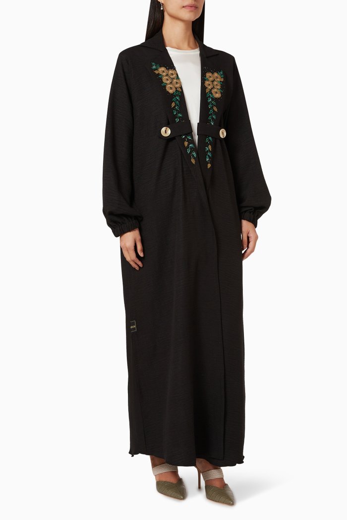 

Floral Embroidered Long Sleeve Abaya, Black