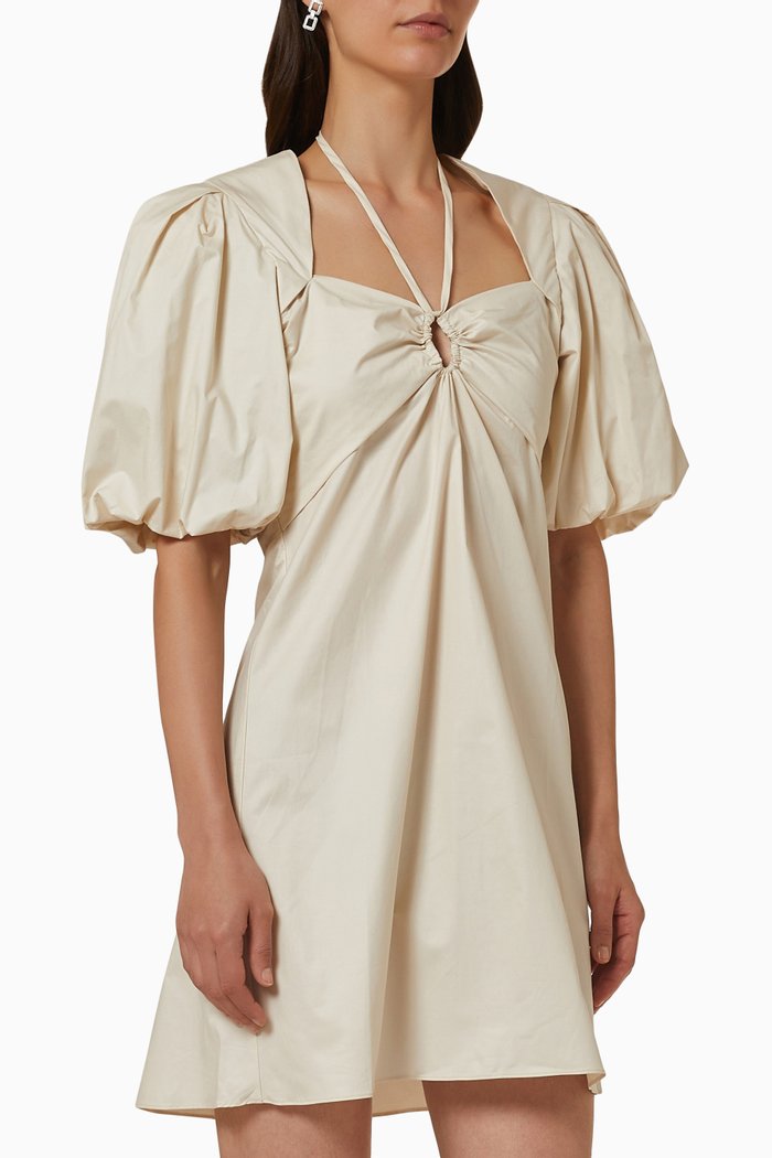 Tie Neck Dress in Cotton, Neutral