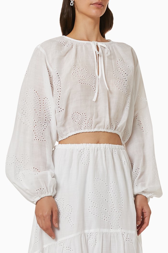 

Shirred Crop Eyelet Blouse in Ramie, White