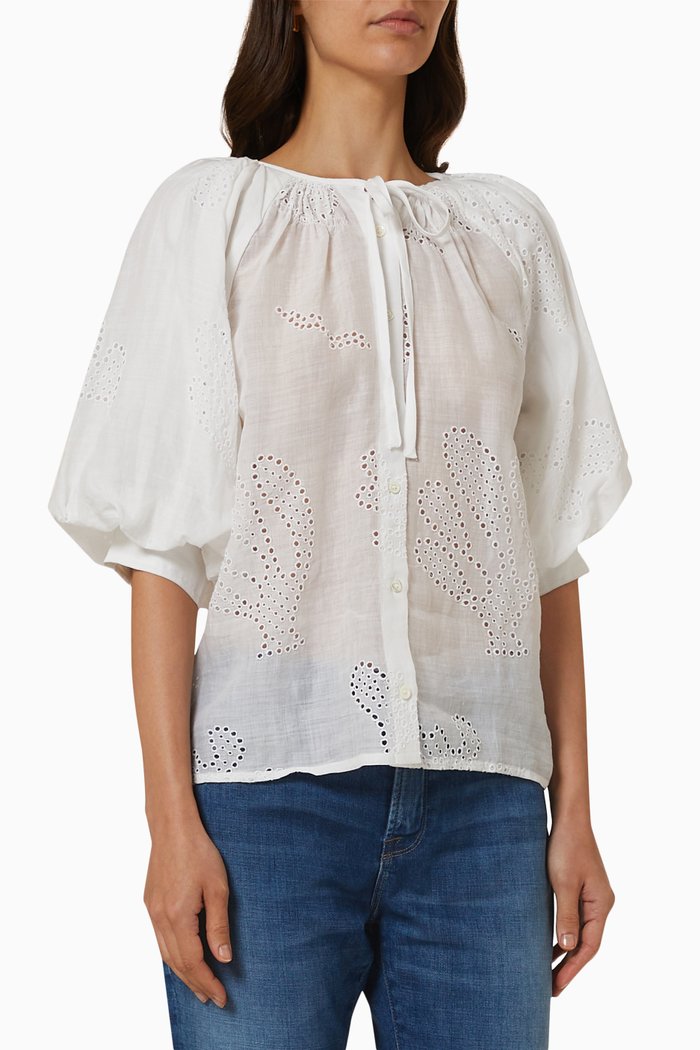 

Eyelet Puff Sleeve Shirt in Ramie, White