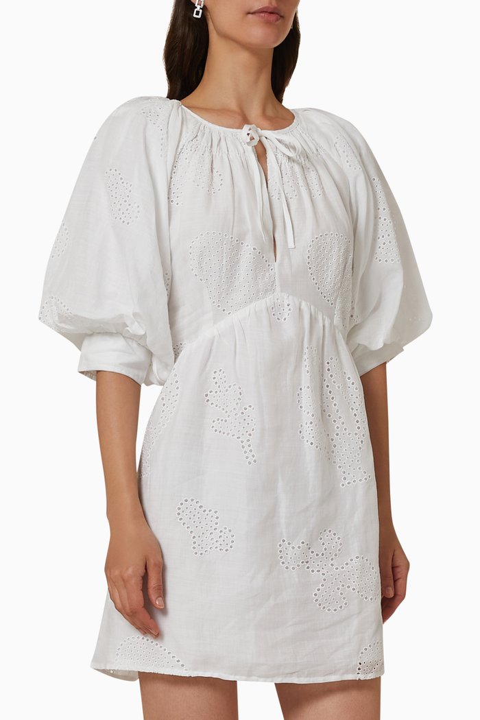 

Eyelet Puff Sleeve Mini Dress in Ramie, White