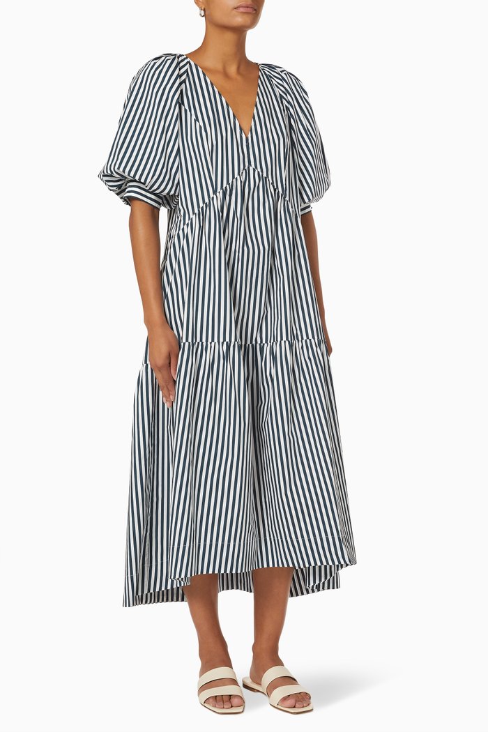 Striped Tiered Dress in Cotton, Blue