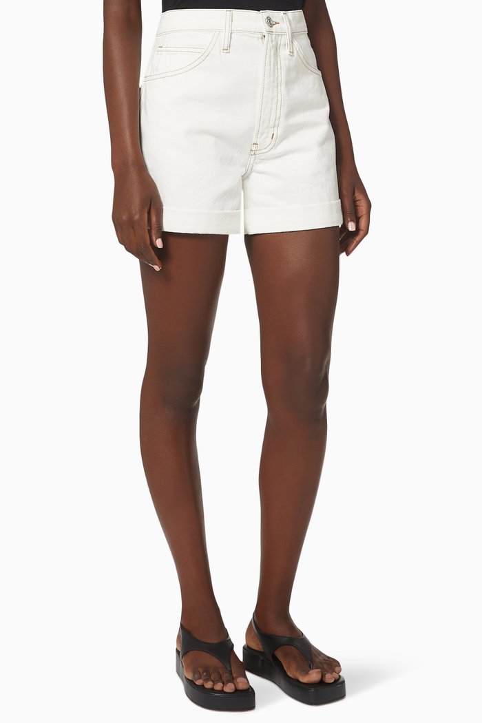 

High Rise Cuffed Shorts in Rigid Denim, Neutral