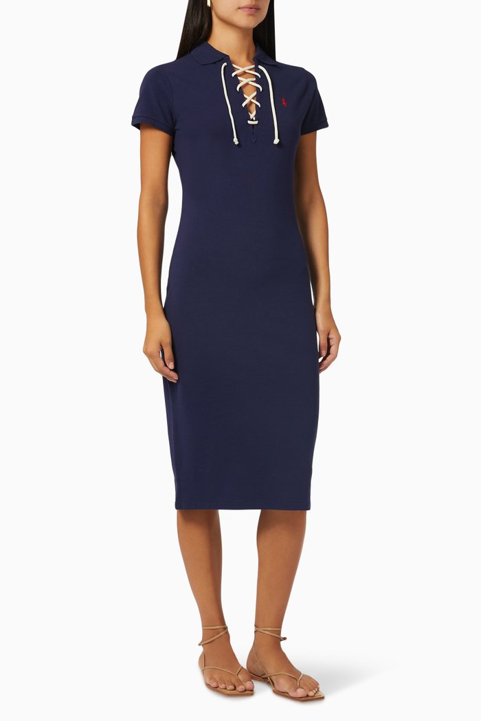 

Lace-up Polo Midi Dress in Piqué, Blue