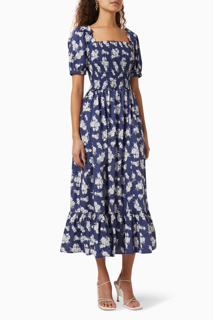

Floral Smocked Dress in Cotton, Black