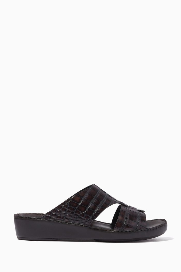

Sandals in Croc-embossed Leather, Brown