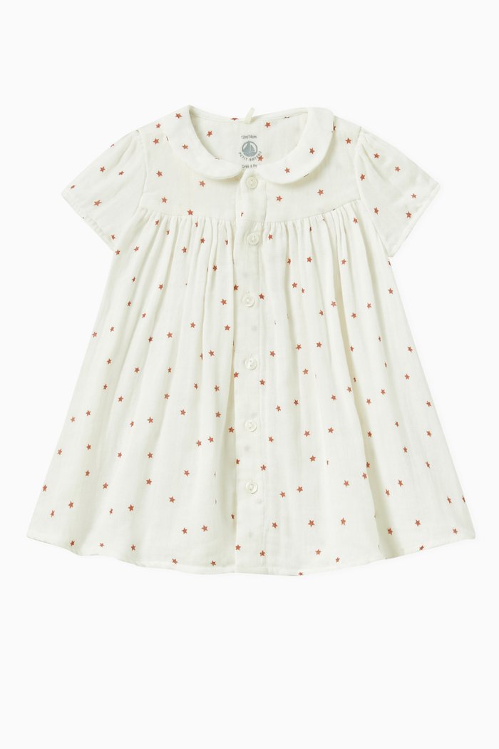 Gauze Short-Sleeved Dress in Cotton, White