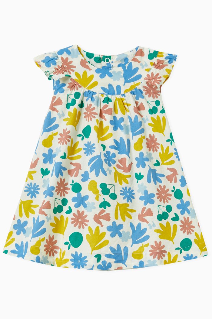 

Short-Sleeved Poplin Floral Print Dress in Cotton, Multicolour