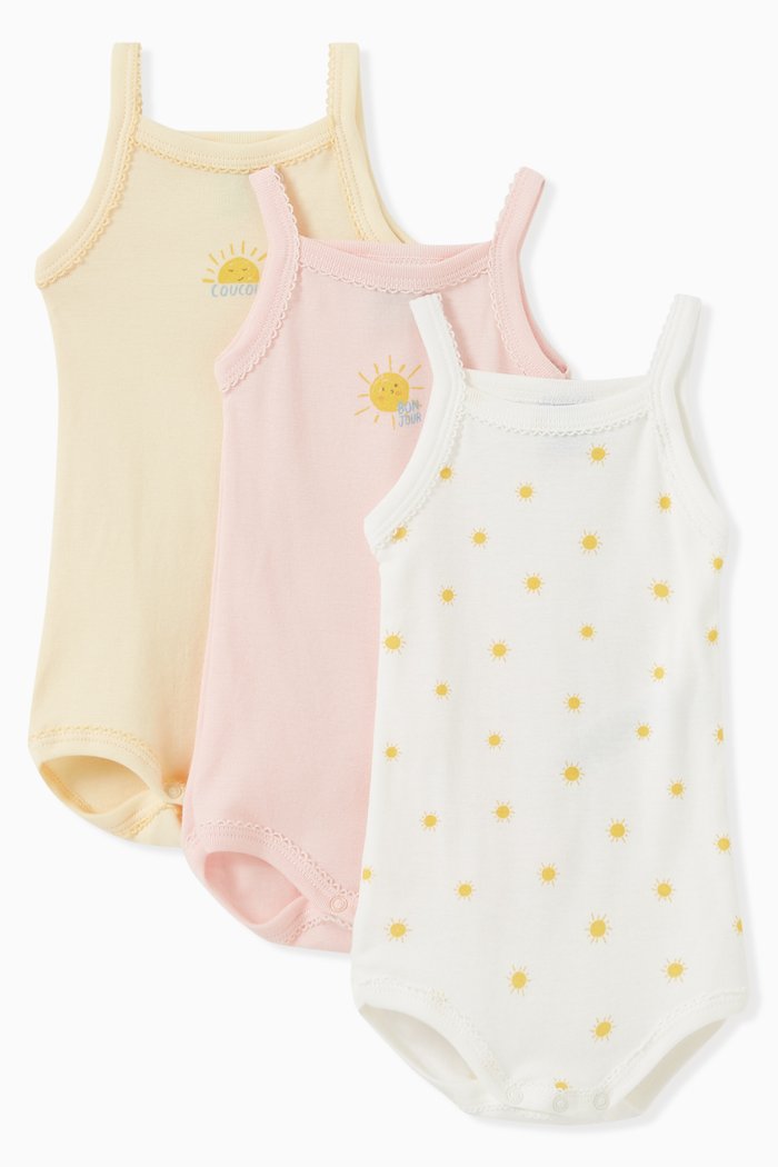 

Sun Theme Bodysuit in Organic Cotton, Set of 3, Multicolour