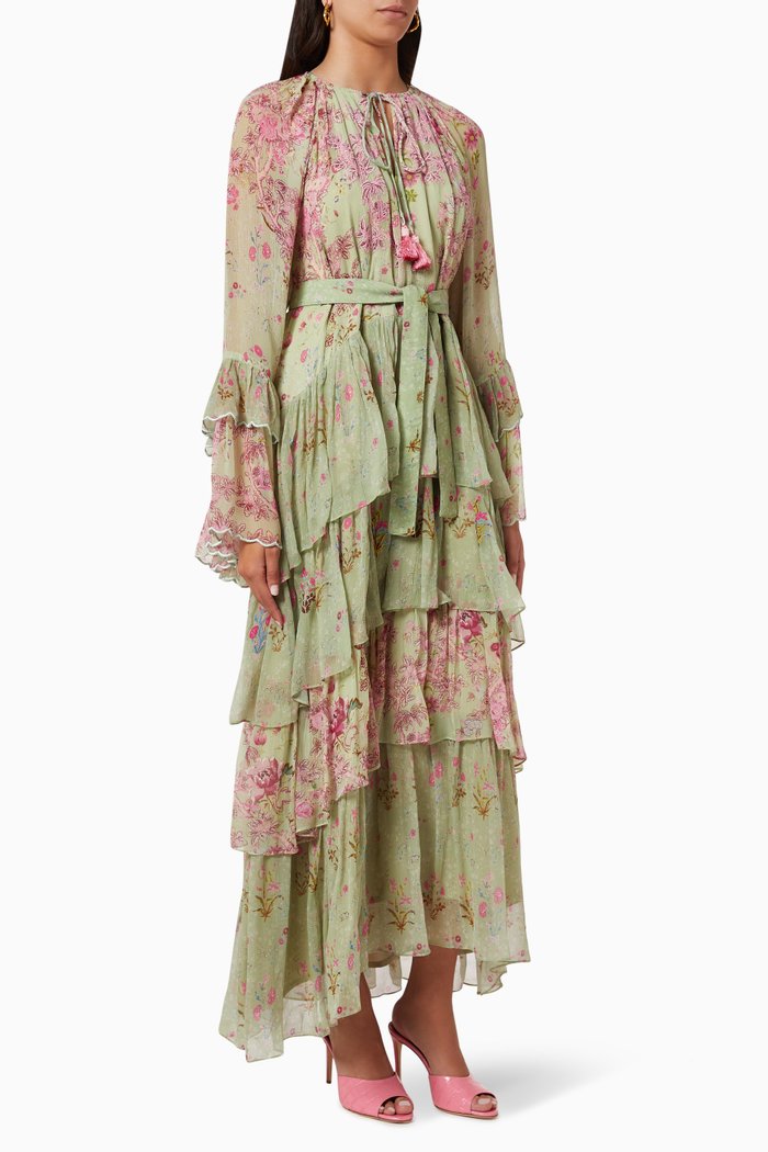 Adira Tiered Dress in Crinkle Chiffon, Green