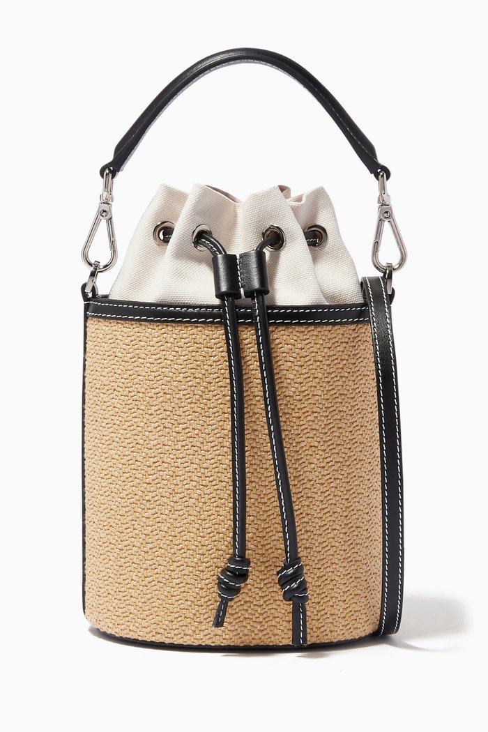 

Micro Carina Bucket Bag in Raffia & Napa, Neutral