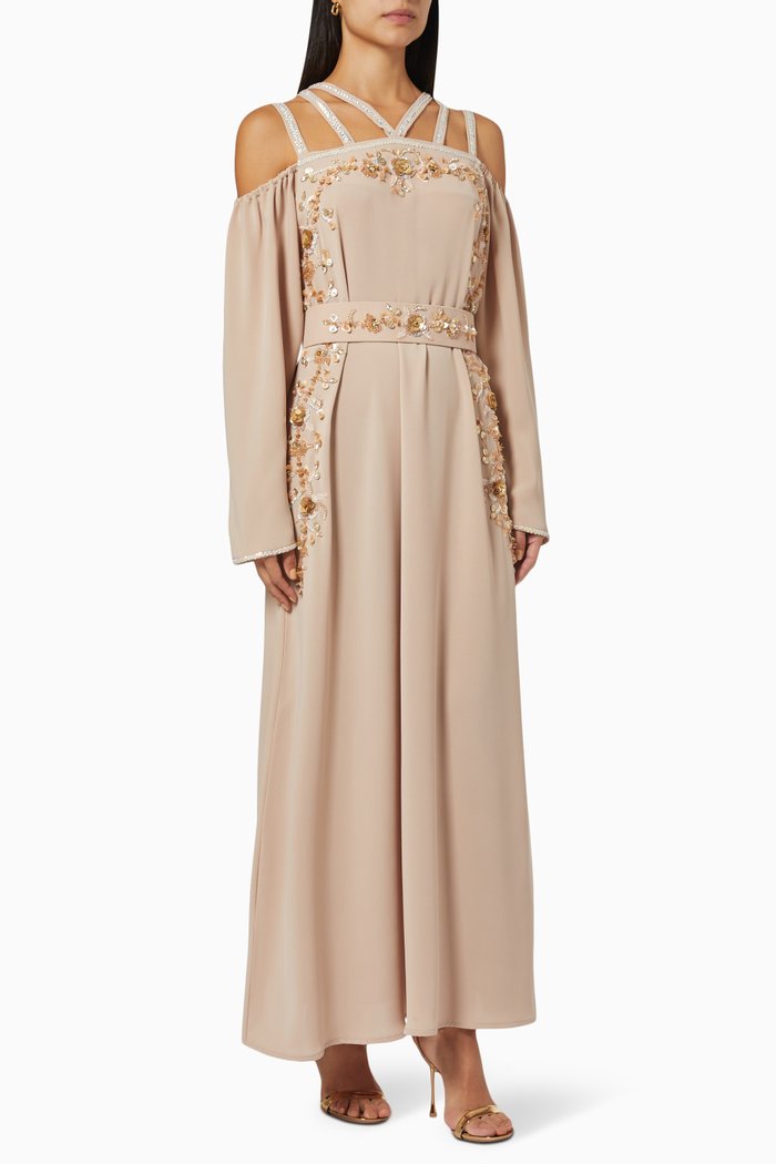 Bead Embellished Belted Kaftan, Neutral