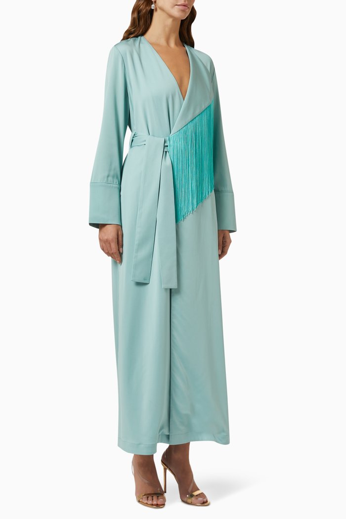 

Belted Fringe-trimmed Abaya, Blue