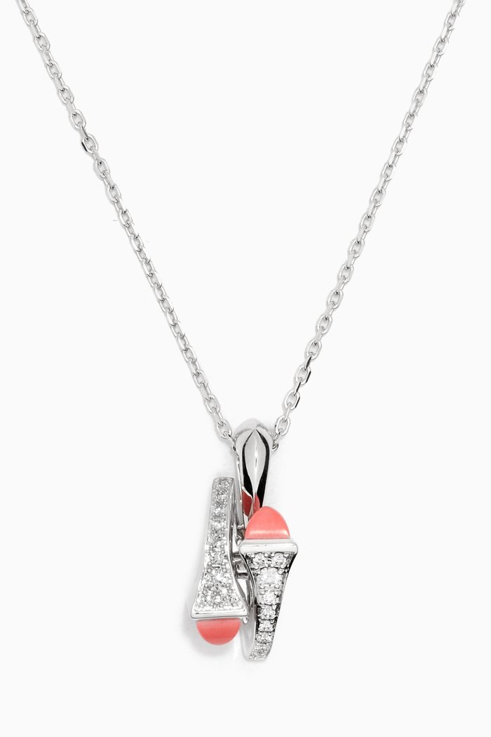 

Cleo Pink Coral & Pavé Diamond Huggie Pendant Necklace in 18kt White Gold, Silver