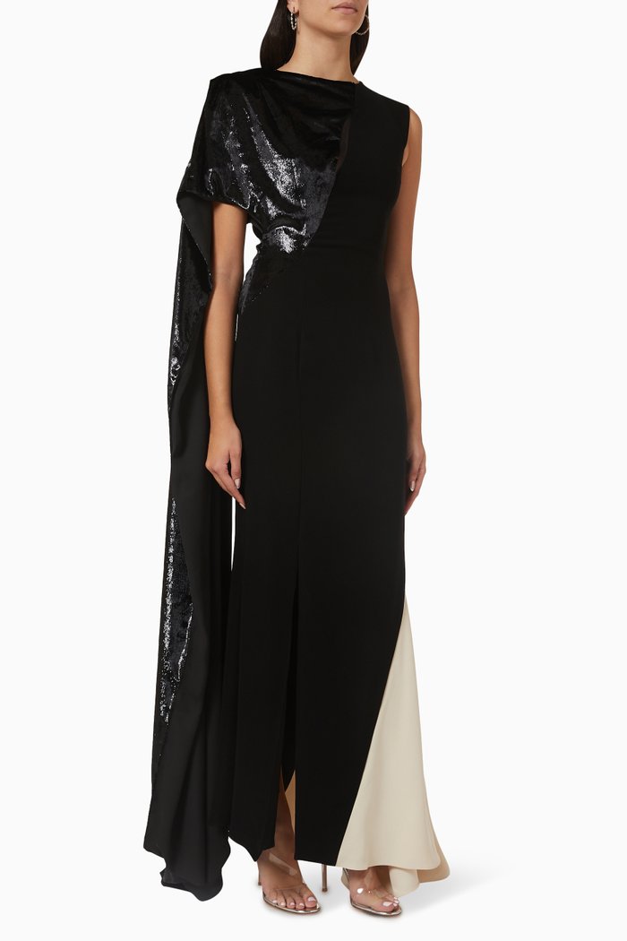 

Mantella Sequin Drape One-shoulder Maxi Dress, Black