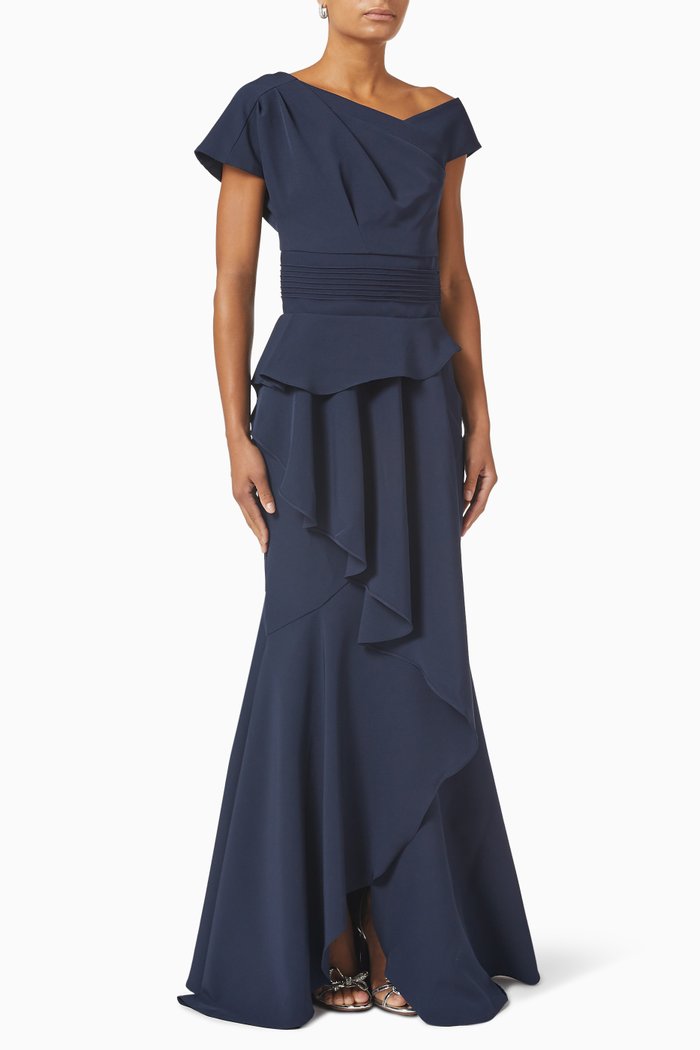 

Draped Asymmetric Gown in Cady, Blue