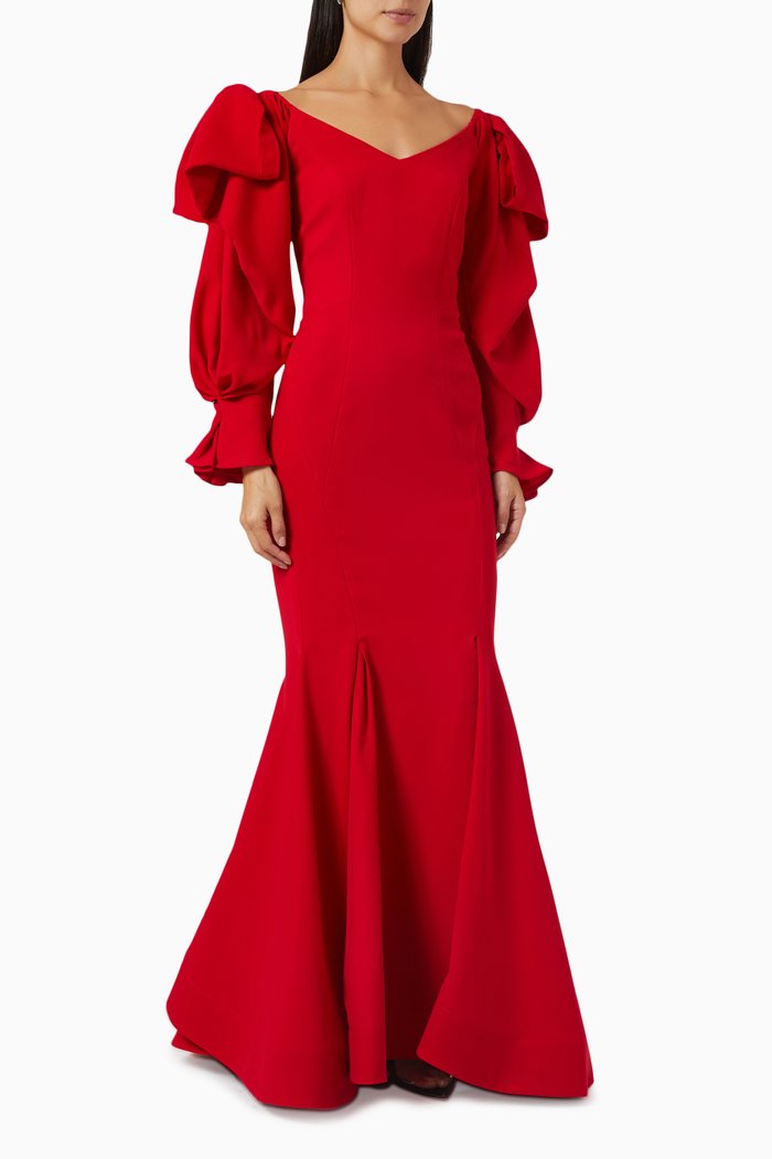 

Puff Sleeve Dress in Cady, Red