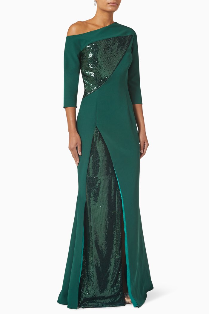 

Asymmetric Off-shoulder Gown in Sequin & Cady, Green