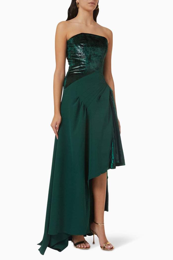 

Draped Strapless Asymmetric Dress in Velvet & Crepe, Green