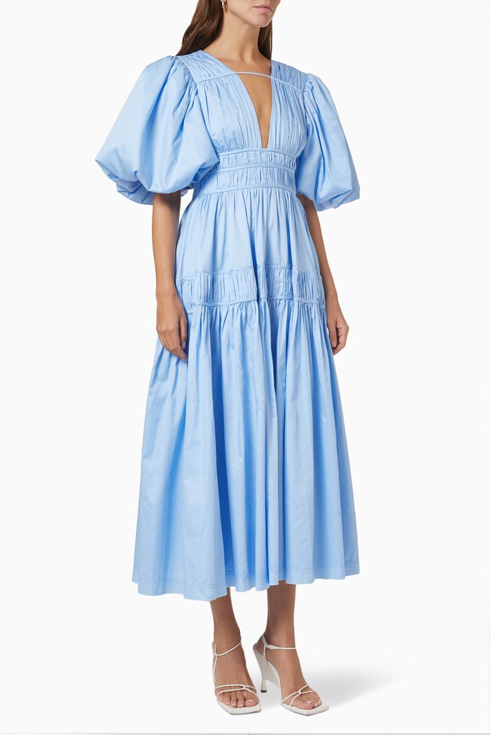 

Fallingwater Gathered Midi Dress in Cotton, Blue
