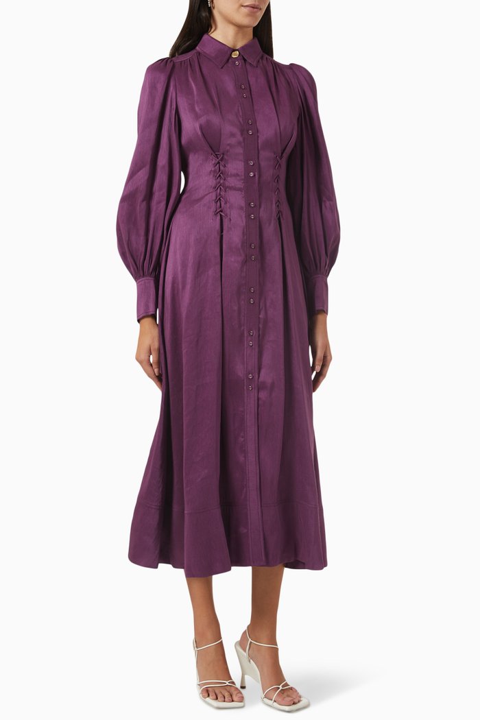 

Ephemera Lace Up Shirt Dress in Linen, Purple