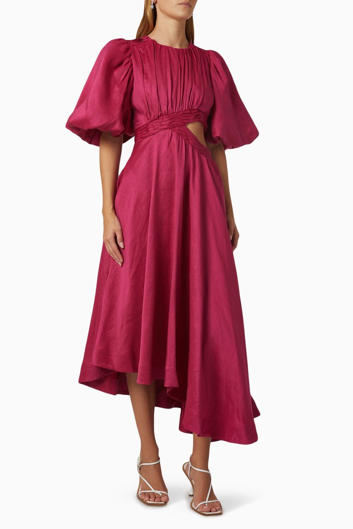 

Tidal Tucked Cut-out Midi Dress in Linen, Pink