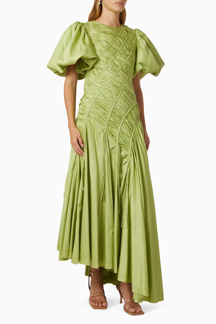 

Siren Drawstring Midi Dress in Cotton Sateen, Green