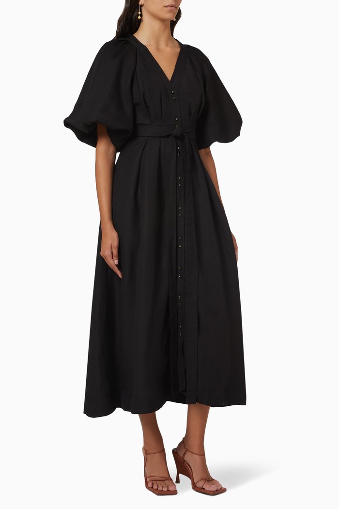 Evermore Midi Dress in Linen, Black