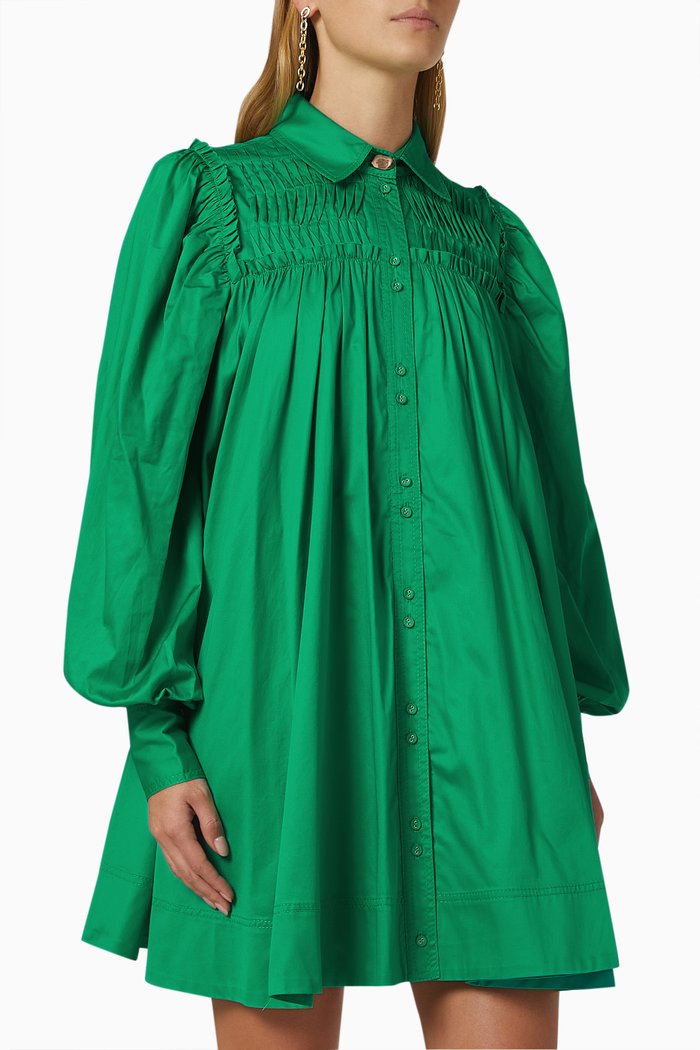 

Tidal Tucked Smock Mini Dress in Cotton, Green